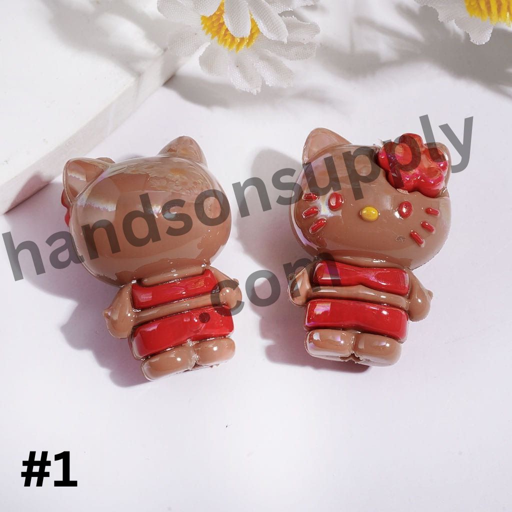 UV Coated Cute Brown Cat Character Soft PVC Rubber Beads with Flower Headband, 20*28MM