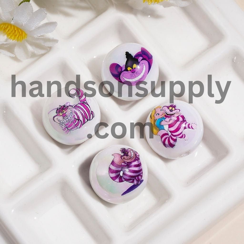UV Coated Purple Striped Smiling Cat and Girl Character Printed Round Acrylic Beads for Bracelets, 16MM, Random Mix