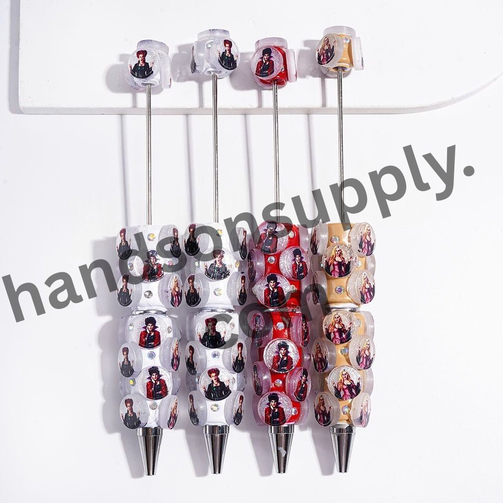 Creepy Sister Characters Printed on Glittery Rounded Pieces with Sparkling AB Rhinestones Beadable Clay Pen