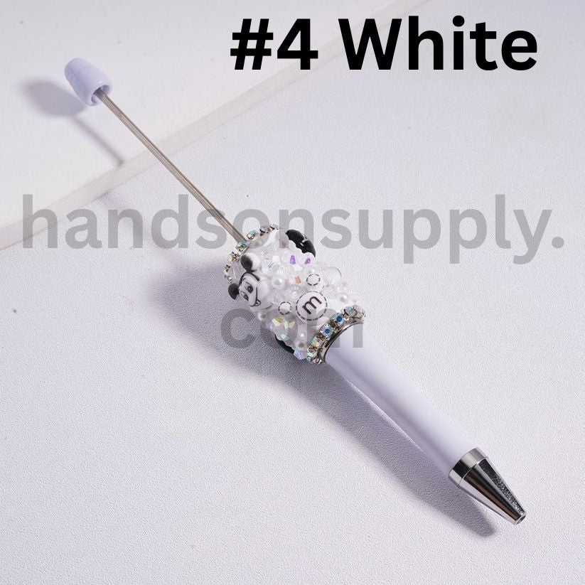 Cute Mickey Minnie Mouse Head Beadable Pen with White Pearls & AB Rhinestones Black & White