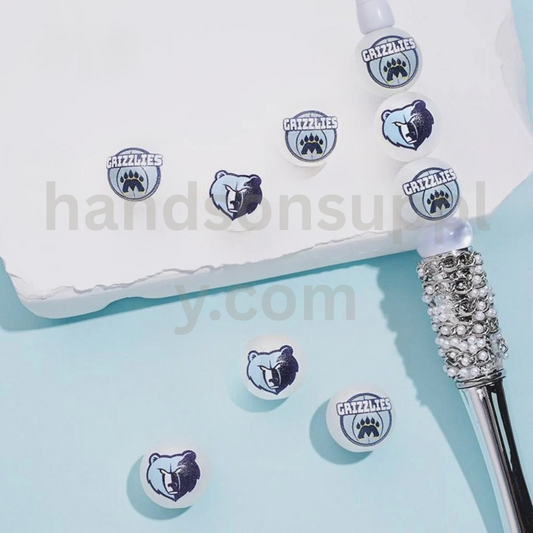 Memphis Grizzli NB Sports Frosted Matt White Round USA Basketball Theme Acrylic Beads Random Mix 16MM