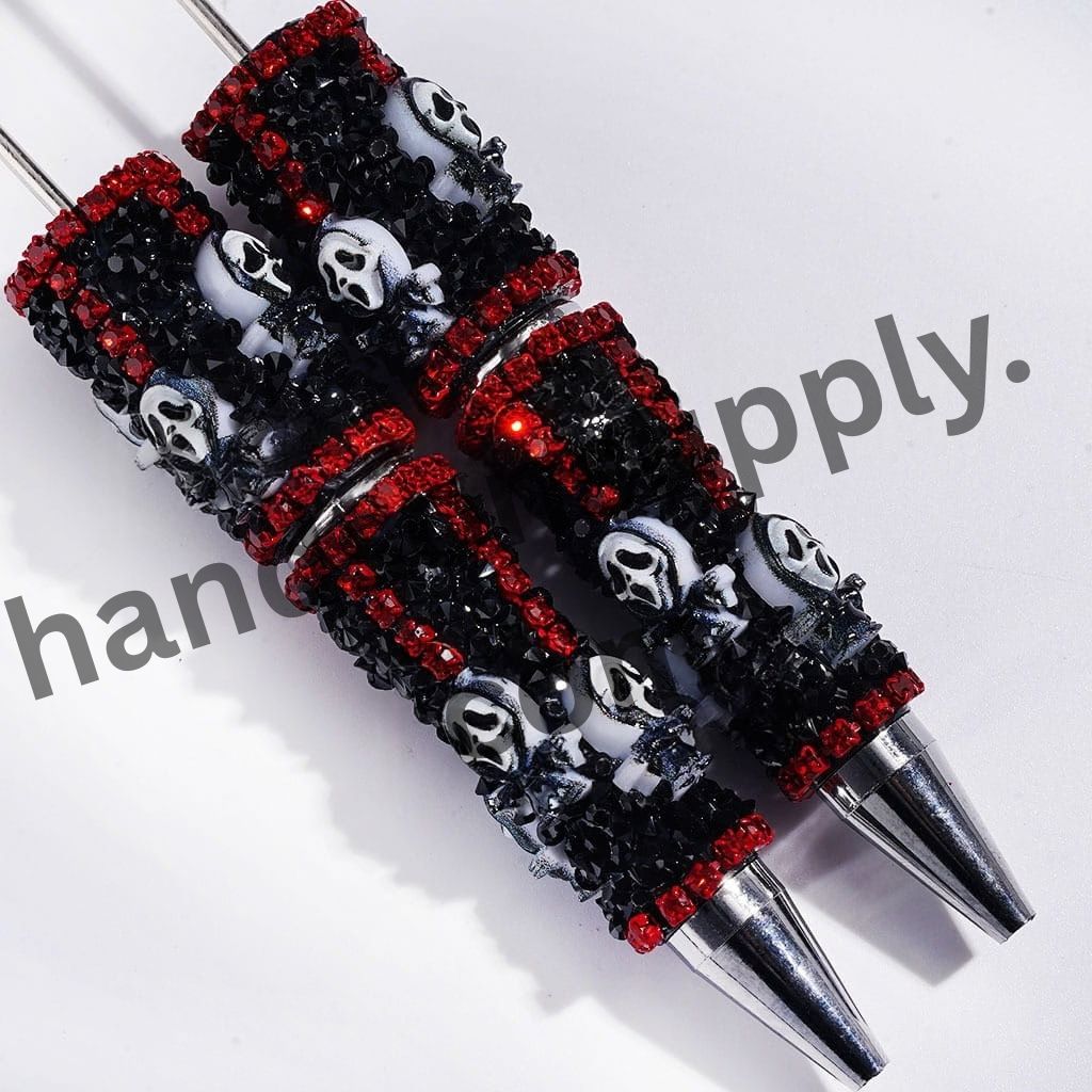 Spooky Horror Mask Character & Skull with Clear Rhinestone Chain Handmade Beadable Sugar Pen