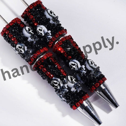 Spooky Horror Mask Character & Skull with Clear Rhinestone Chain Handmade Beadable Sugar Pen