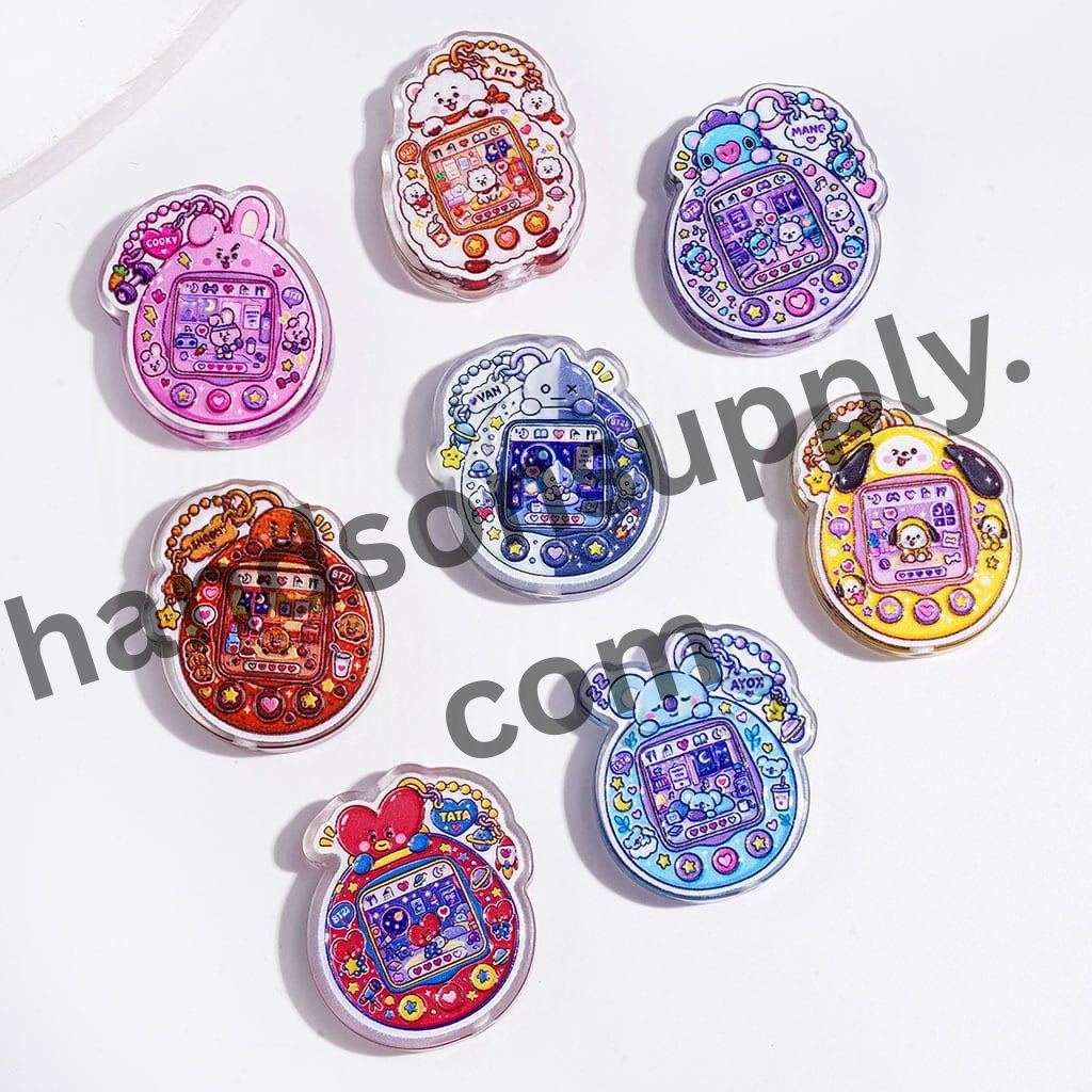 Retro K-Pop Boy Group and Animal Character Images on Tamagotchi-Shaped Acrylic Beads, Random Mix