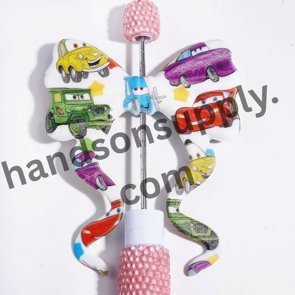 Fast Sports Car Designs Printed Long Ribbon Bow Shape PVC Soft Rubber Beads, 59*70MM, Random Mix