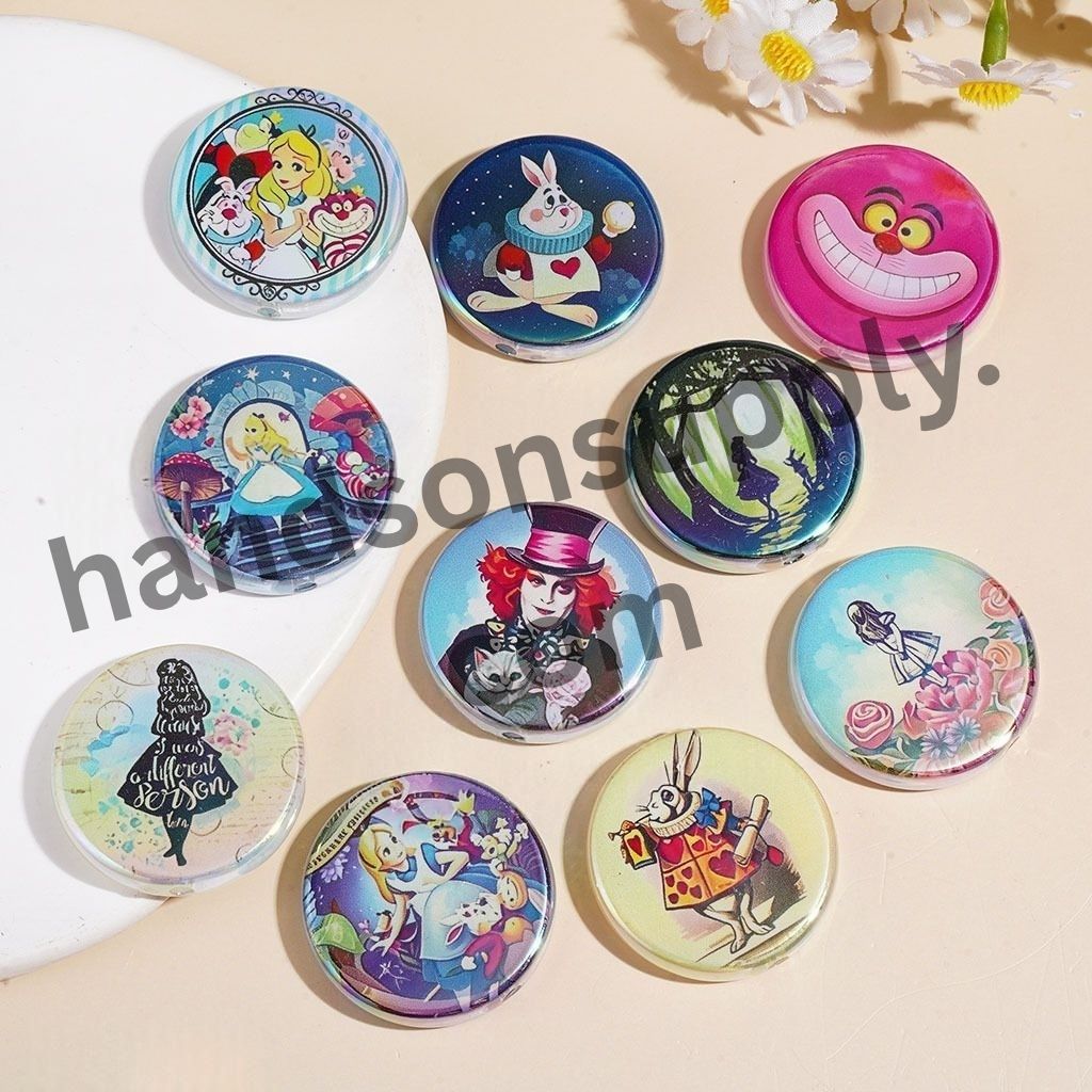 UV-Coated Whimsical Girl in Rabbit Hole Fantasy World Flat Round Shape Acrylic Beads, 31MM, Random Mix