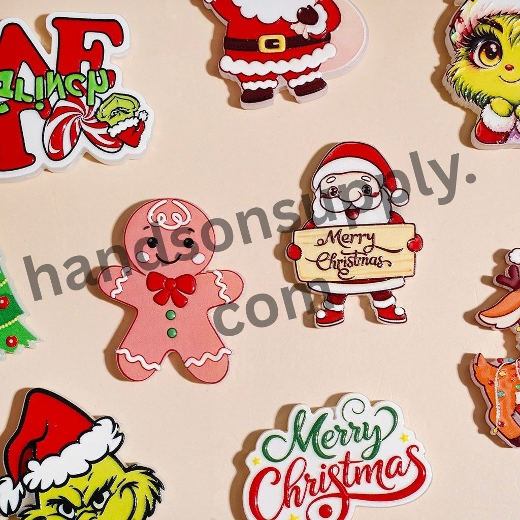 Adorable Festive Santa Claus, Gingerbread Man, Tree, Reindeer & Green Character Christmas Theme Acrylic Beads, Random Mix