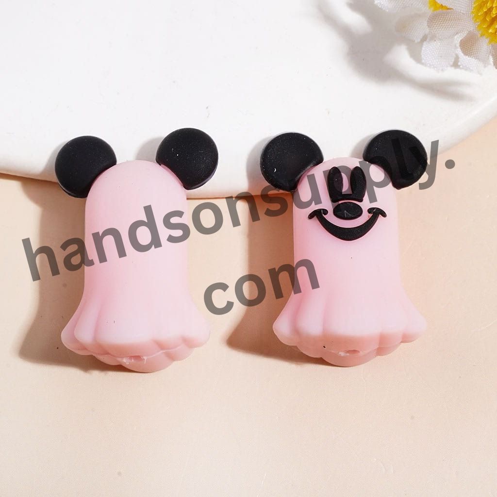 Cute Classic Mouse Character Inspired Faces with Round Ears Ghost Halloween Silicone Focal Beads, 21*30MM, Multi-Color Random Mix