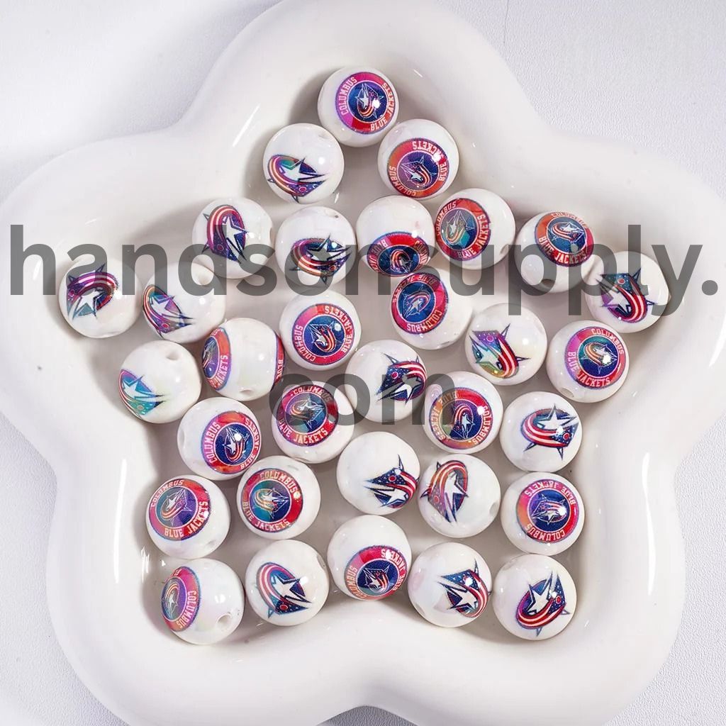 Round UV Coating Ice Hockey Team Pattern Acrylic Beads for Bracelets, 16MM