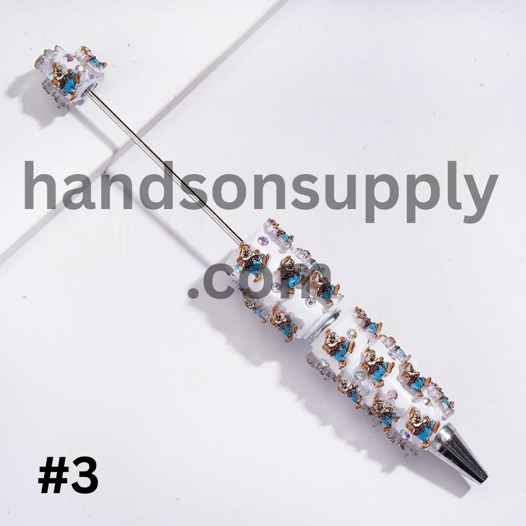 Beadable Clay Pens with White Snow Princess and Seven Gnome Elf Character, AB Rhinestones