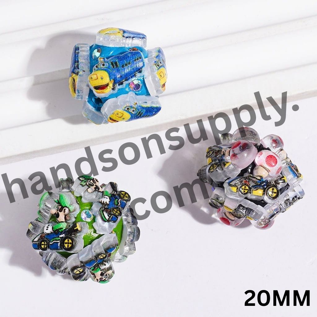 Playful Plumber Cartoon Characters & Colorful Car Designs with AB Rhinestone Clay Beads, 20MM, Multicolor, Random Mix