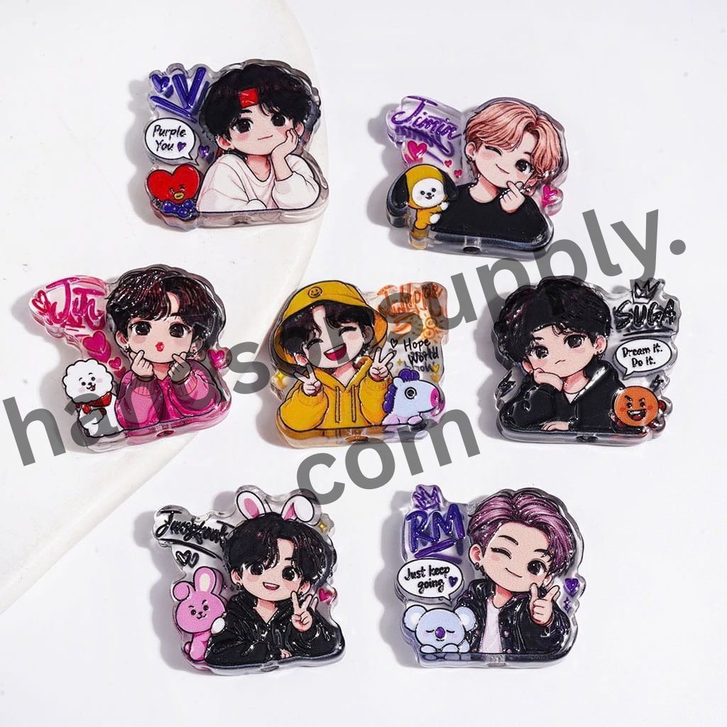 Trendy Korean Boy Group Member Name & Cartoon Image Series Acrylic Beads, Random Mix