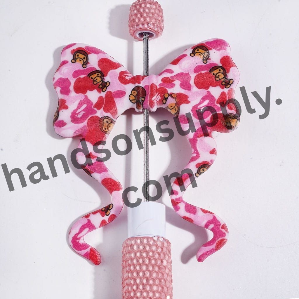 Monkey Character and Pink-Red Leopard Print Bowtie with Long Ribbon Silicone Focal Beads, 59*70MM