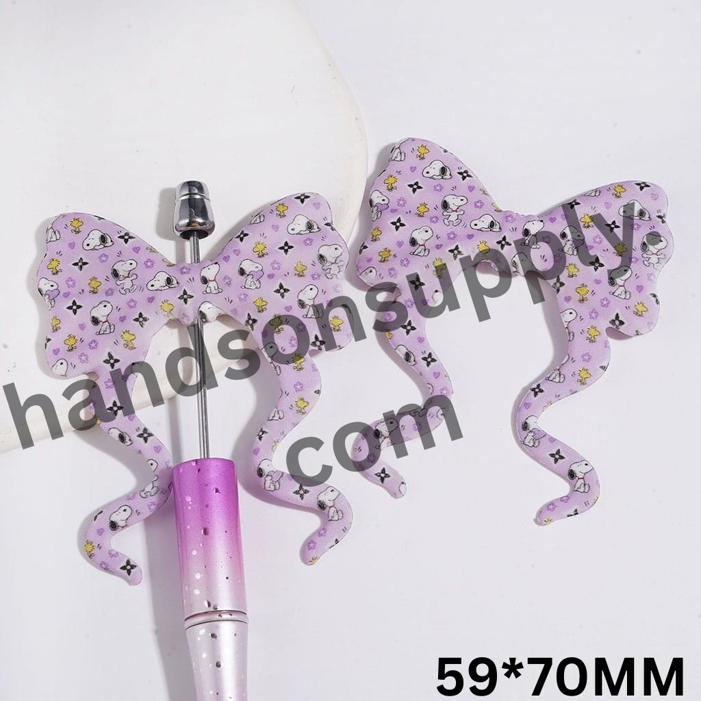Playful Cartoon Beagle Dog and Yellow Bird Character Print Purple Bowknot with Long Ribbon Silicone Focal Beads, 59*70MM