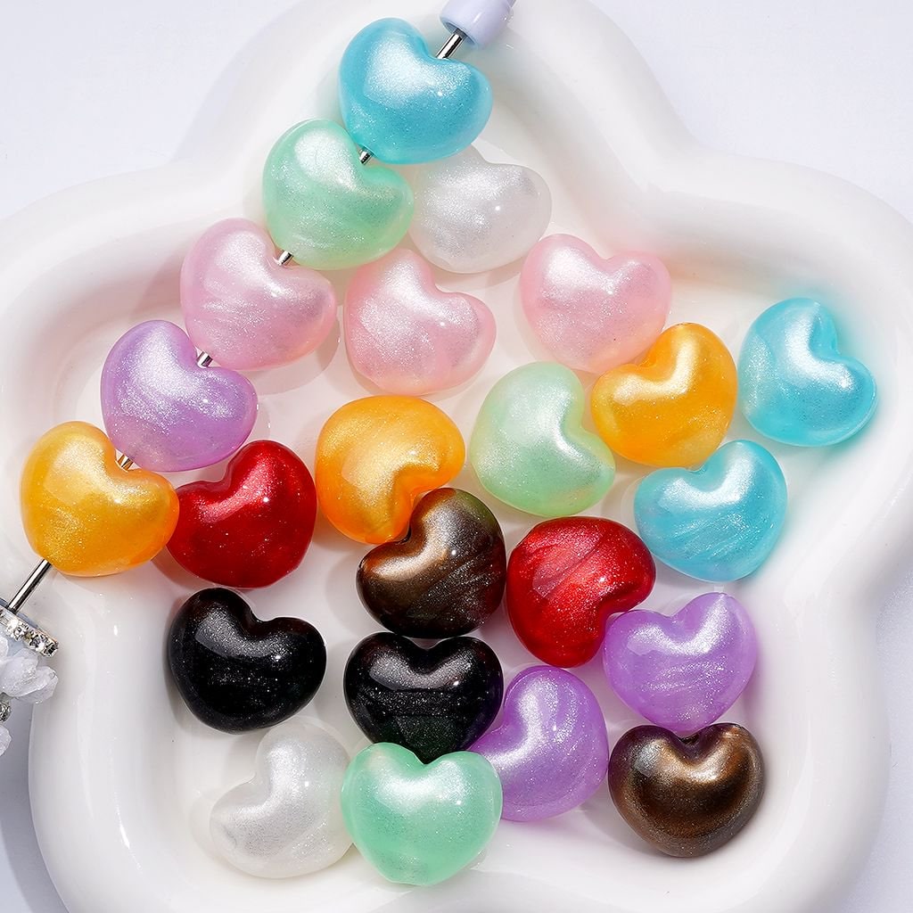 Glossy Multi-Color Heart Acrylic Beads – Vibrant Glitter Finish, Approx. 22 x 18MM