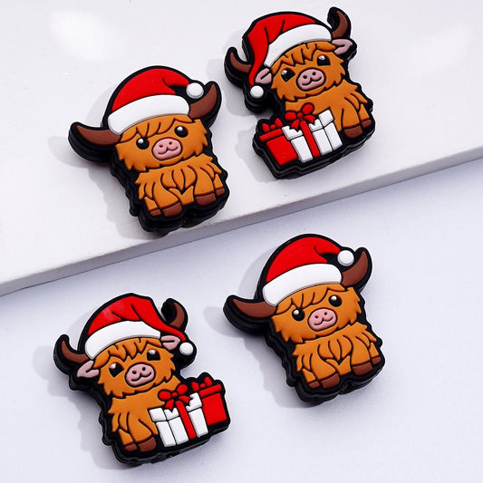 Adorable Cows with Red Christmas Hats & Gift Boxes Silicone Focal Beads, Perfect for Holiday Crafts