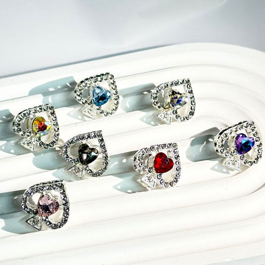 Silver Alloy Spade with Bling Bling Clear Rhinestones Colorful Hearts, Random Mix, Around 20*19MM