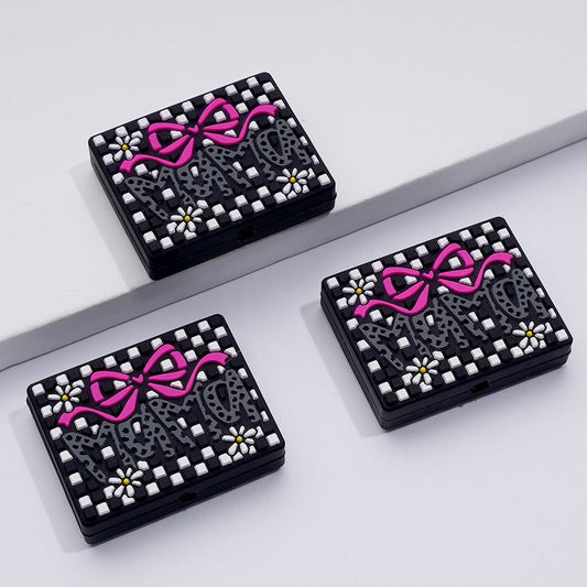 Mama Silicone Focal Beads with Red Bowknot, White Flowers & Black-White Checkered Rectangle Design