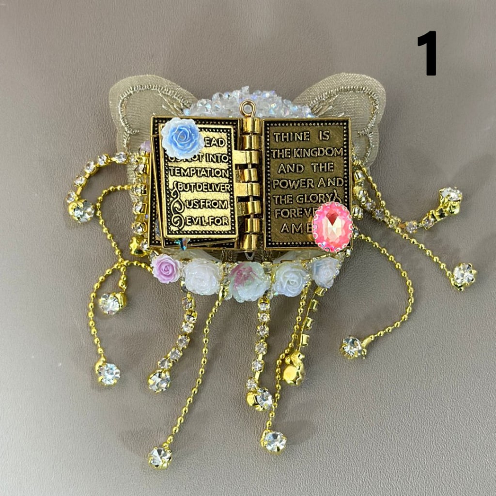 Exquisite Fabric Butterfly Book with Delicate Fancy Gold Alloy, Clear Rhinestone Chains, and Sugar-Covered Large Crescent Moon. Mini Cute Flower, Heart, Star Diamonds, and Beads, Around 59*45mm