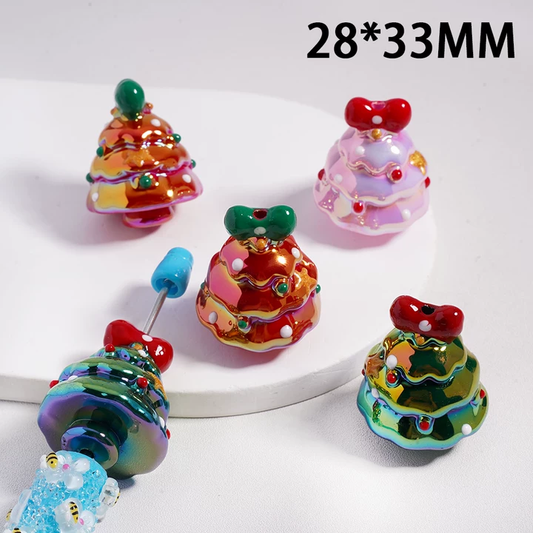 UV Coating Red & Green Christmas Tree with Bowtie Acrylic Beads 28*33MM