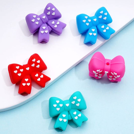 3D Cute Bows Bowknots with White Hearts Silicone Focal Beads, Random Mix