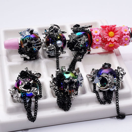 Elegant Silver Alloy Butterfly & Star Chain – White Pearls, Black Metal Links, Floral Accents & Vibrant Round Acrylic Beads (Approx. 16MM)