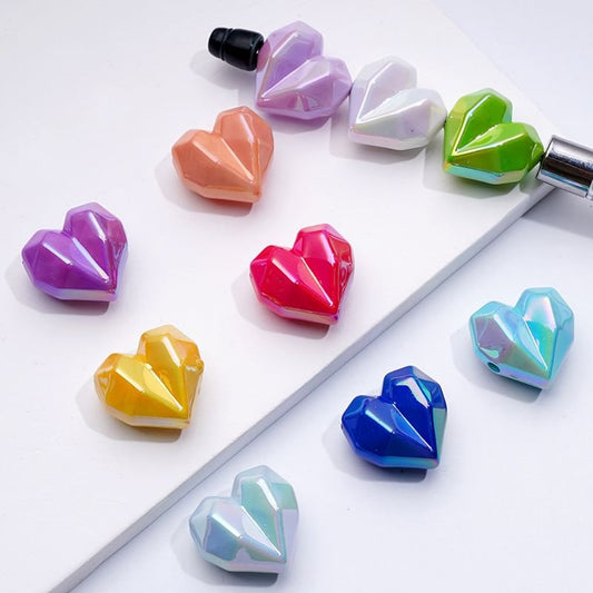 Geometrically Sectional Hearts UV Coating Colorful Acrylic Beads, Around 21*21MM, Random Mix