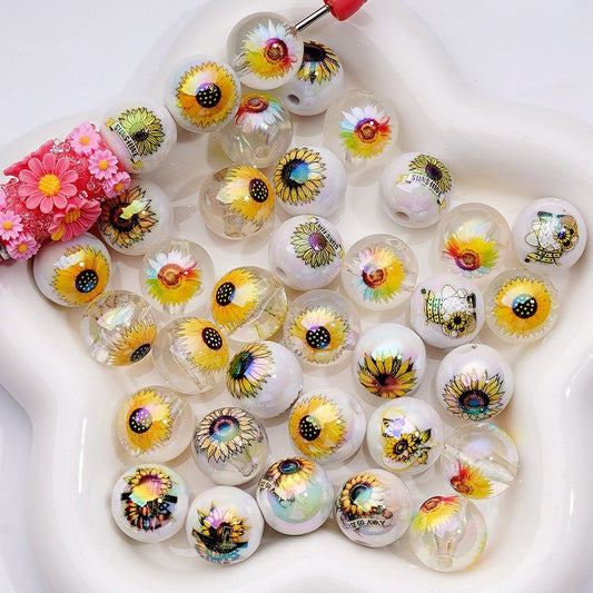 UV Coating Clear White Round Acrylic Beads with Sun Flowers 16MM