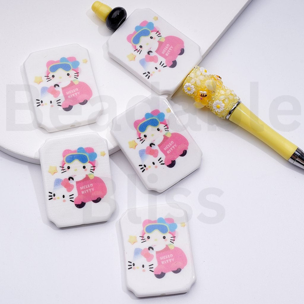 Cute Cat Character with Blue Wings Ice Cream Drives a Car Unicorn Balloons Adorable Character Rectangle Flat Acrylic Beads, Around 45*35MM