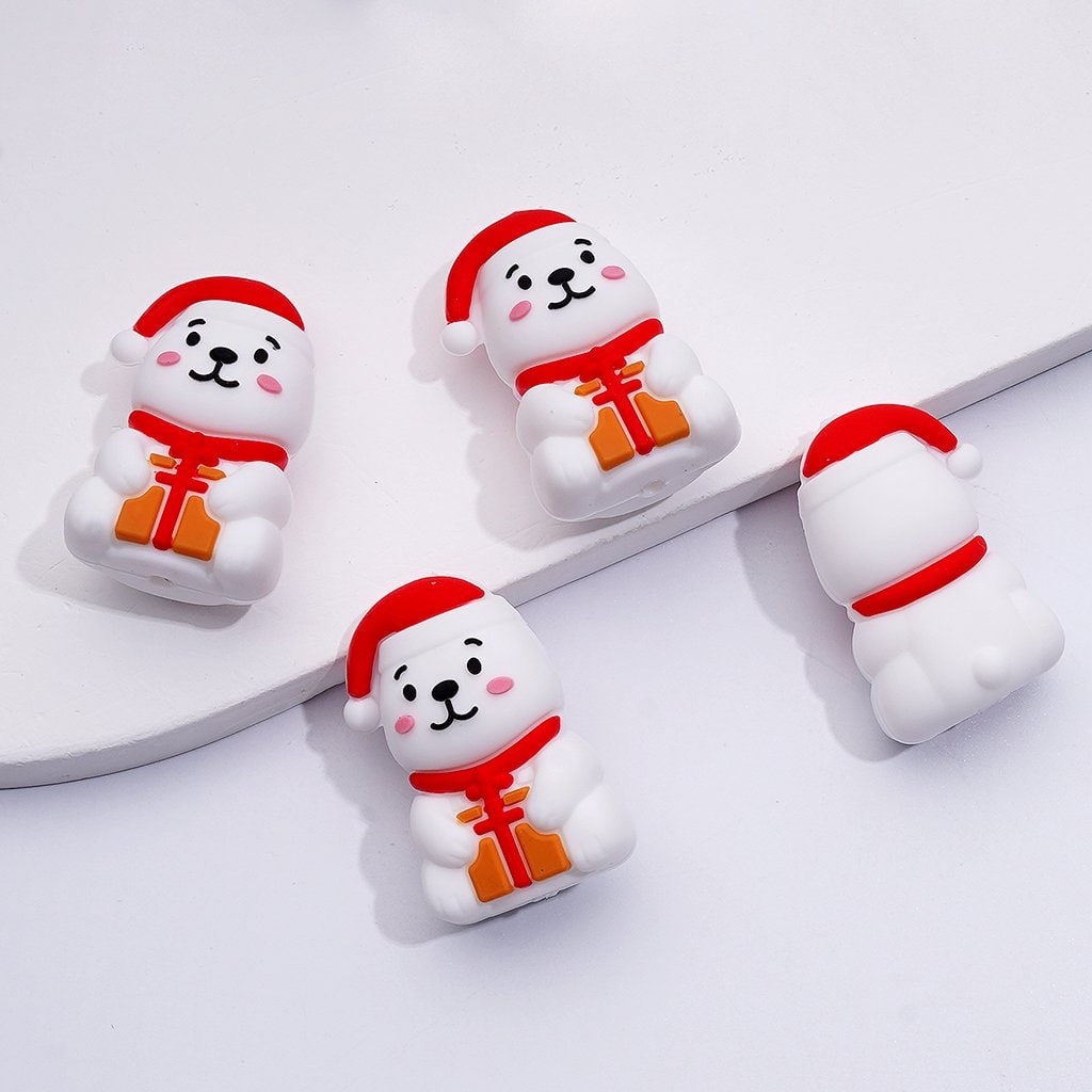 Festive 3D Snowman Wearing a Red Christmas Hat Holding a Present Silicone Focal Beads