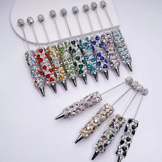 Clay Beadable Pens – Decorated with Multicolor Shiny Hearts, White Pearls, AB Rhinestones & Chains