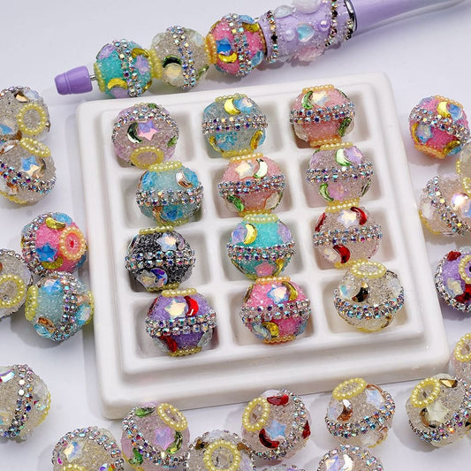 Sugar Acrylic Beads – 18x20MM Clear Loop Design with Stars, Crescent Moons, AB Rhinestones & Mini Yellow Pearls (Random Mix)