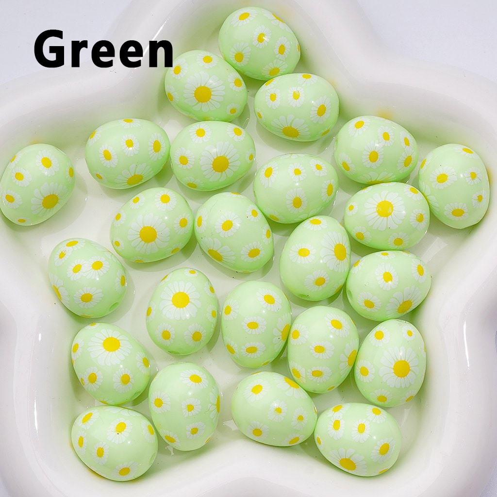 Mini Multi-Color Acrylic Beads – Cute Daisy Flower Print in Oval Egg Shape, 20x16MM