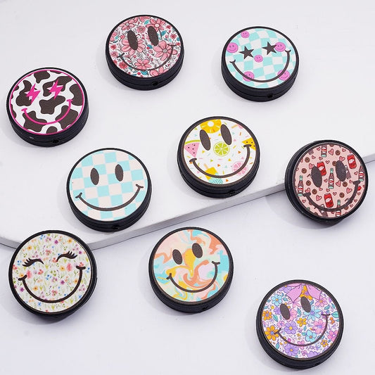 Cow Pattern Beverage Bottle Smile Face Flower Checkerboard Fruit Round Flat Silicone Focal Beads, Random Mix