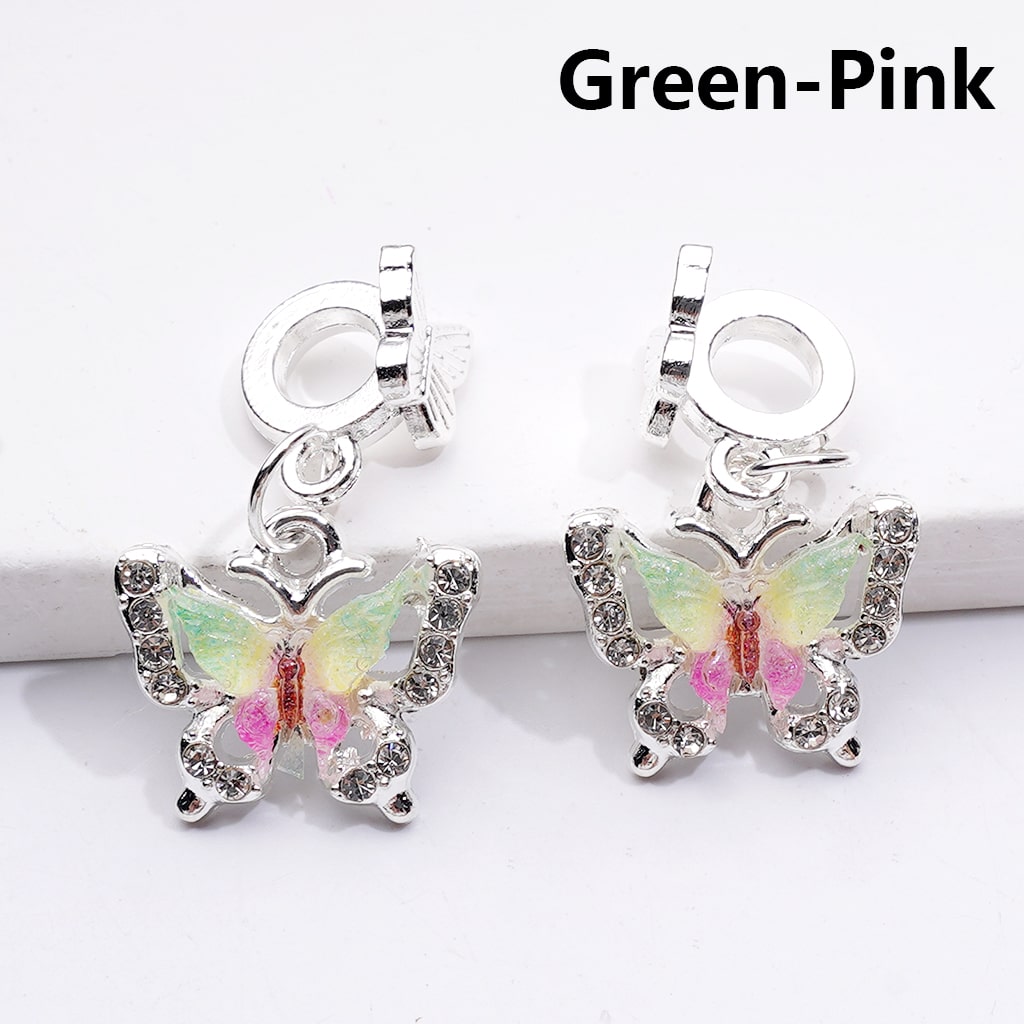 Silver Color Metal Beads with Bail Dangle Charm Pendant Jewelry Accessories Double‑Color Butterfly Rhinestones