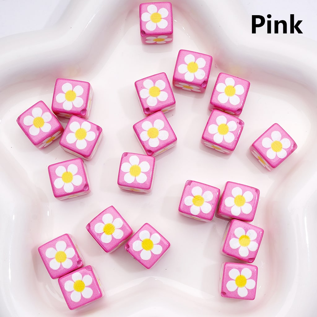 Square Cube with Mini Flowers 12MM Solid Colors Acrylic Beads Single Color Option
