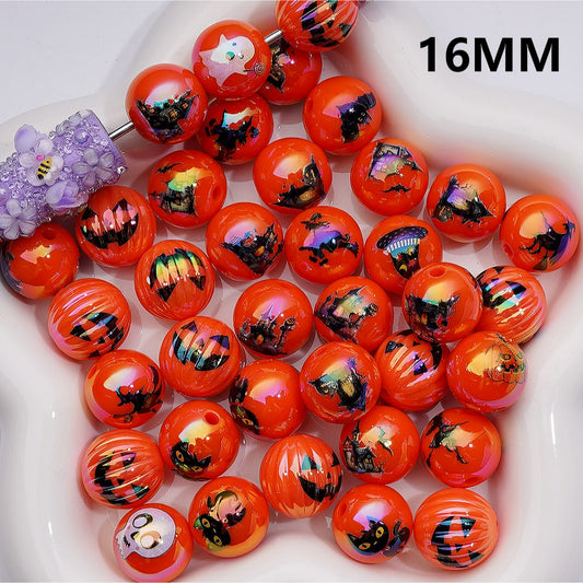Halloween Series Orange Color Skeleton Skull Head Black Cat Bat Ghost Face Pumpkin White Ghost Wizard House Printed Acrylic Beads, 16MM (Single Color is available for 200pcs(Whole bag))