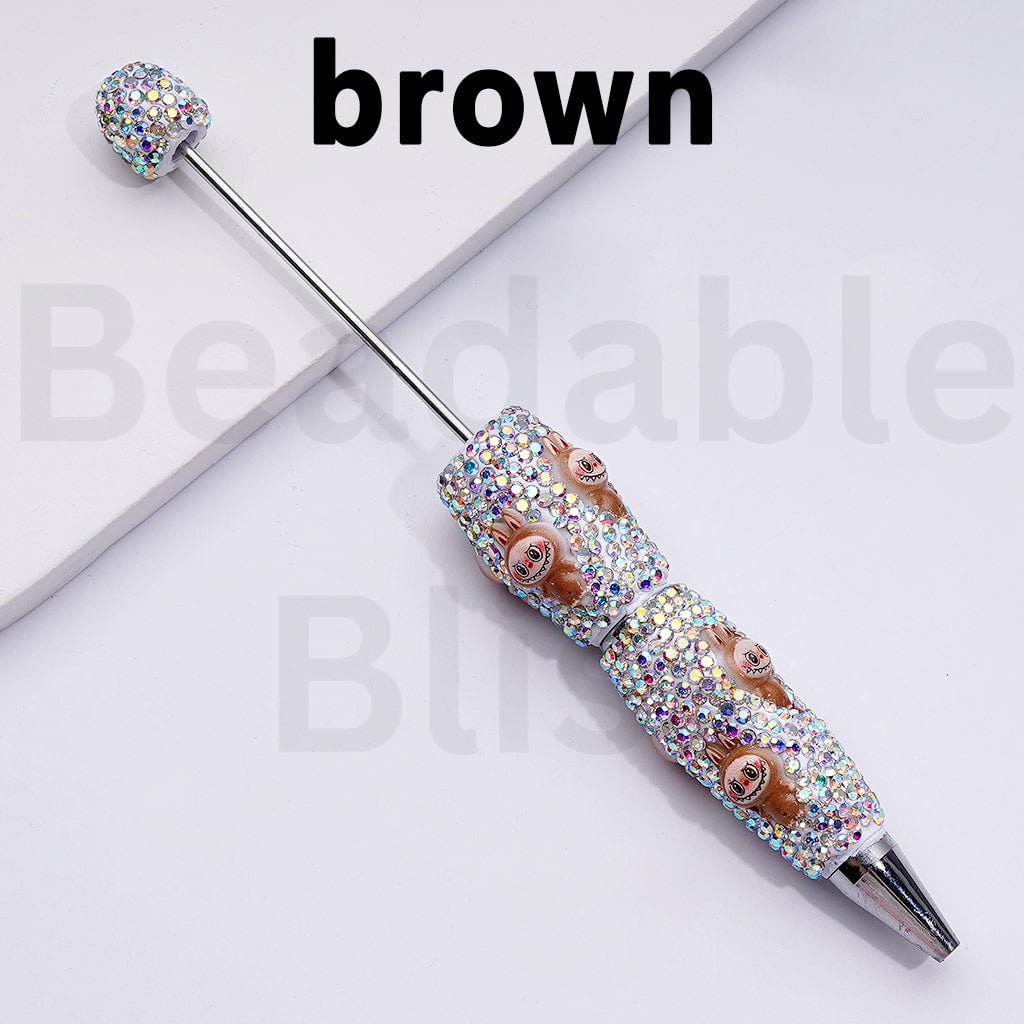 White Color Beadable Clay Pens with Cute Monster Doll AB Rhinestones Covered the Entire Pen