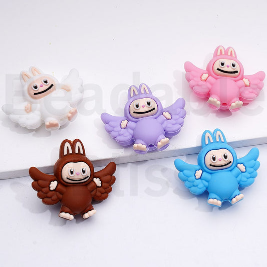 3D Pink White Cute Labub with Wings Silicone Focal Beads