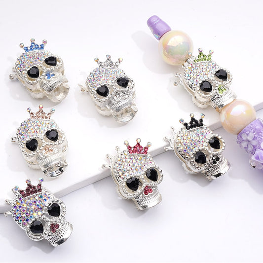 Skeleton Skull Head with Crown AB Rhinestone Accents Fancy Silver Alloy Beads 29*19MM, Random Mix