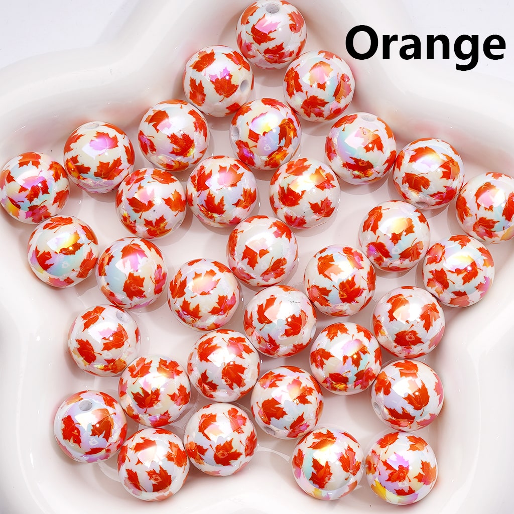 UV Coated Maple Leaf Print Multi-Color Round Acrylic Beads 16mm（Single Color is available for 200pcs(Whole Bag))