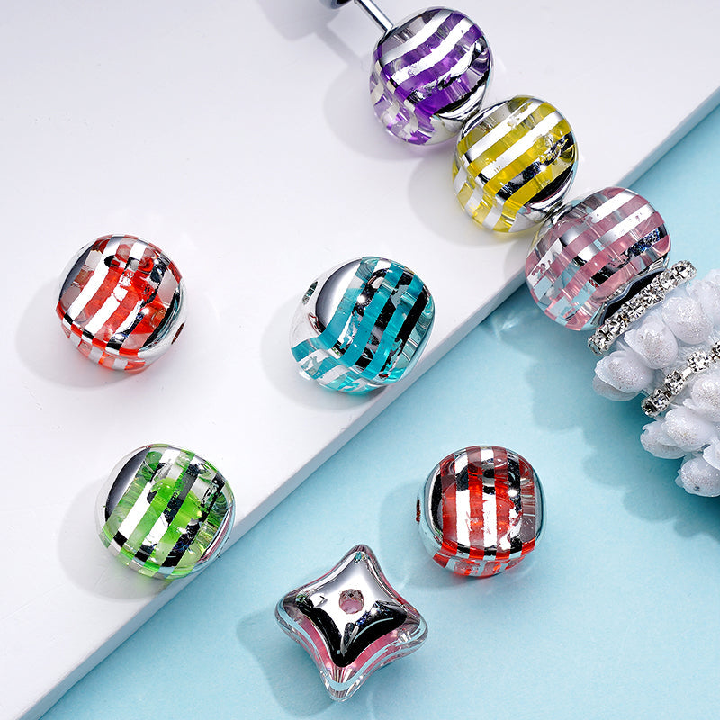 Irregular Shape Acrylic Beads with Silver Stripe, Random Mix Color