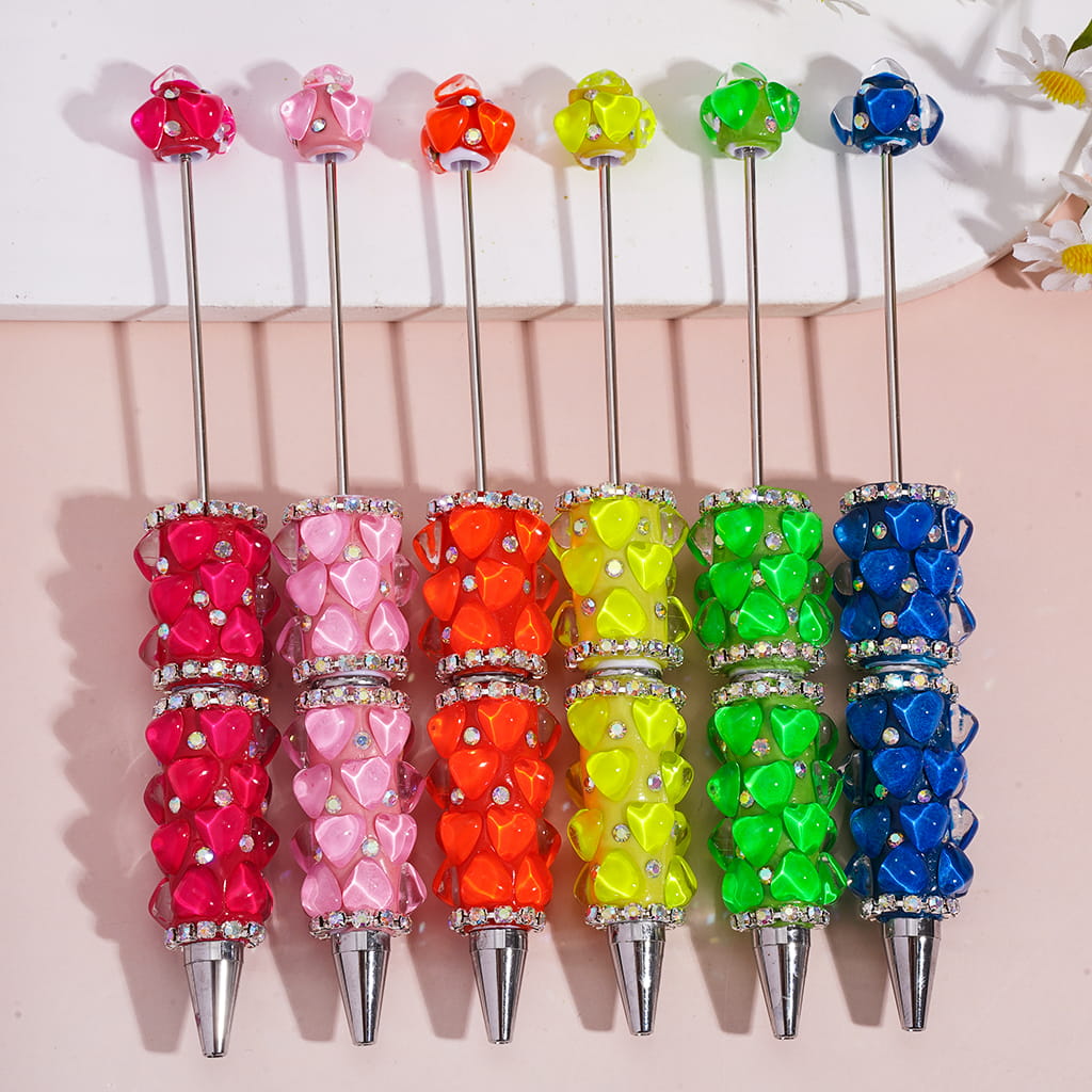 Clear Heart Design with AB Rhinestone Chains in Fluorescent Color Beadable Clay Pens