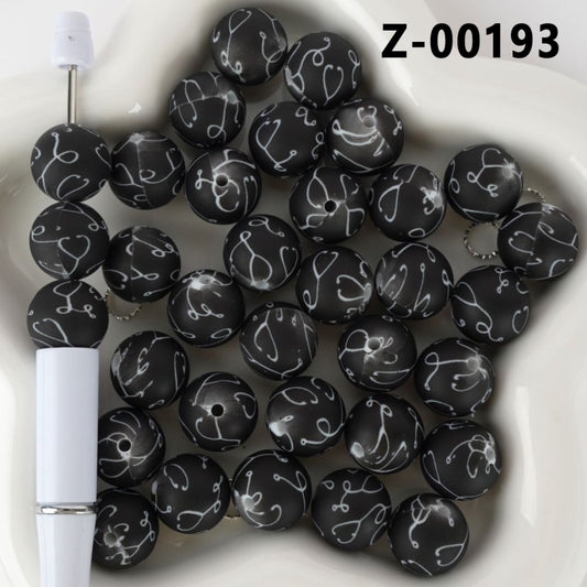 Round Printed Stethoscopes Nurse Doctor Black Silicone Beads 15MM, Number Z-00193