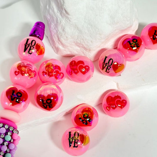 Pink Glossy Red Heart Love Valentines Round UV Finish Acrylic Beads, 16MM