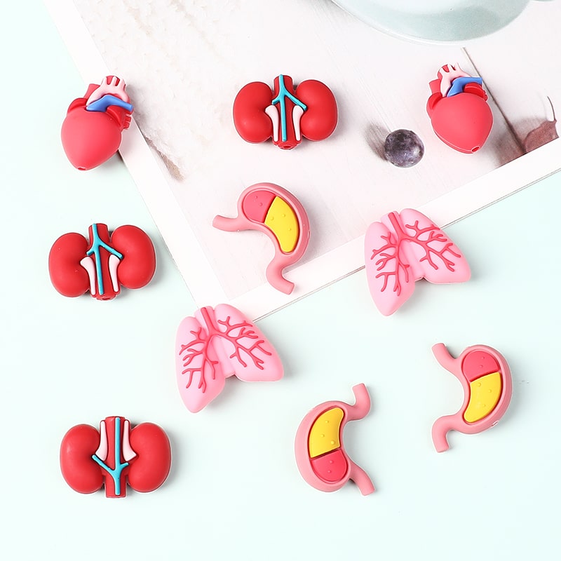 3D Vivid Red Heart, Kidney, Lung, Stomach Silicone Focal Beads Random Mix