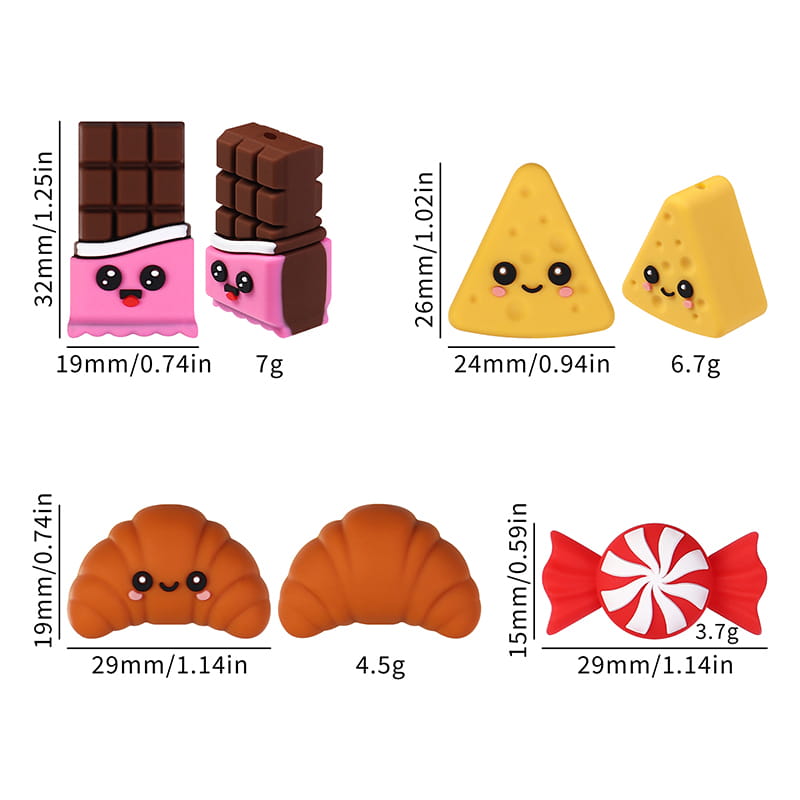 3D Cute Dessert Food Silicone Focal Beads, Croissant, Chocolate & Candy