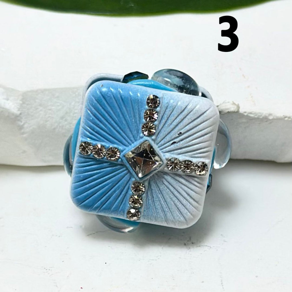 Ombre Blue Series Fancy Alloy Heart, Rectangle with Shiny Rhinestones, Square, Pearls, Clay Beads