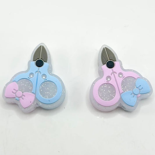 Glittery Cute Pink Scissors with a Blue Bowknot Silicone Focal Beads