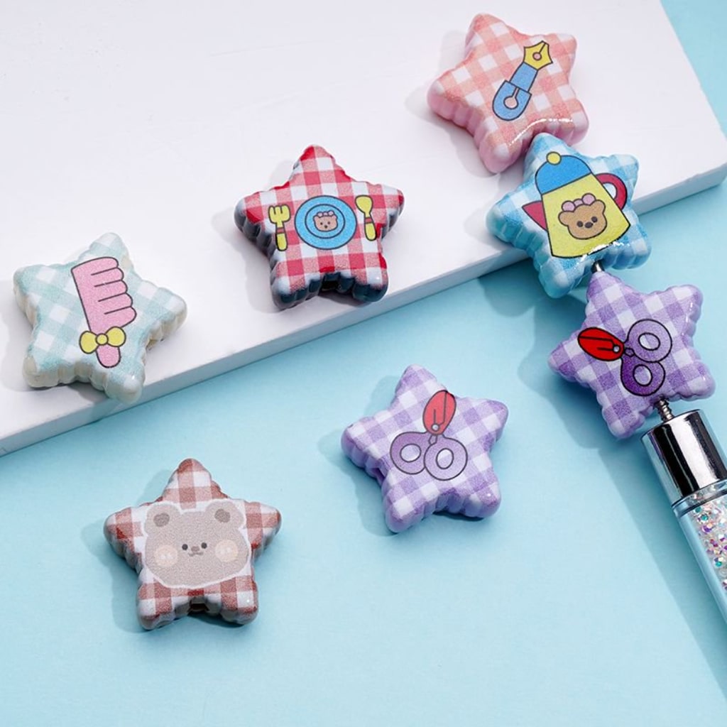 Checkered Five-Pointed Star Cute Colorful Designs Acrylic Beads, Around 24MM, Random Mix